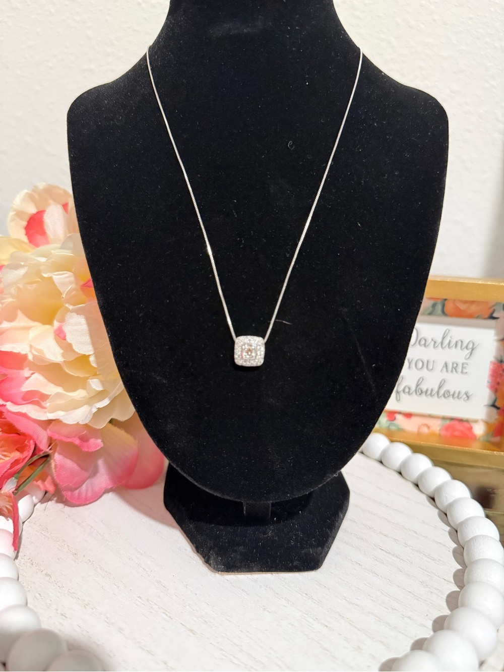 14K White Gold Diamond Square Halo Pendant Necklace 18” 2.33g